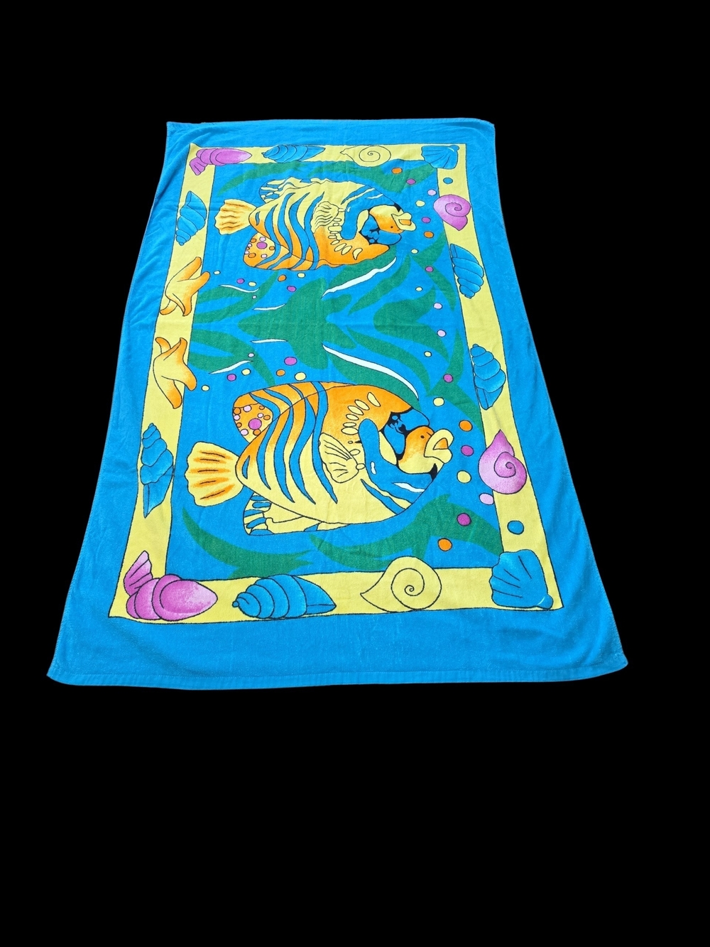 Vintage Beach Towel Tropical Fish Cotton  Bright Blue & Yellow 38"×62"